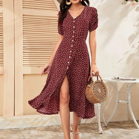 Boho Burgundy floral print button up v neck Puff Sleeve dress - Picture 1 of 14